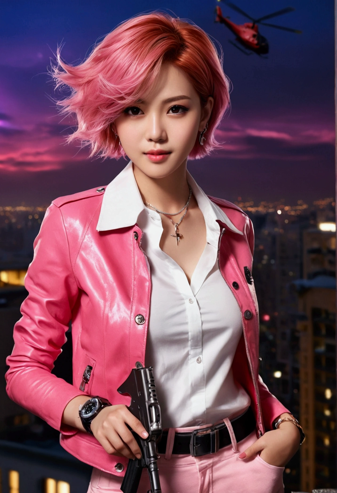 (8ก, Highest quality, Masterpiece:1,2), (realistic, Virtual image:1.37), Superb details, one woman,), (Highly detailed), (Beautifully detailed eyes), (ที่มีHighest quality), (Superb details ), (Masterpiece), (detailed face),20 years old, ,1 woman, ((pink hair,very short hair)), Medium bust, wear clothes, perfect lighting, (Spy theme:1.3), (shiny pink leather jacket:1.4), (White silk shirt with gloss:1.4), (Shiny red skinny jeans:1.4), (The silhouette is sharp and intelligent.:1.3), (Work details:1.2), (black high heel boots:1.2), (earring:1.2), (necklace:1.2), (watch:1.2), (belt:1.2), BREAK สีชมพู very short hair, messy hair, earring, Cool and sexy expression, A thin smile., Right hand holding gun., left hand looking at watch, watch with laser and bomb functions, The gun has smoke., Backpack with parachute and wire tools, skyscraper rooftop, night view, The helicopter is approaching., Helicopter with enemy markings, chasing enemies, Moonlight and neon light, dark light, purple and red, Mysterious atmosphere, High contrast of light and shadow