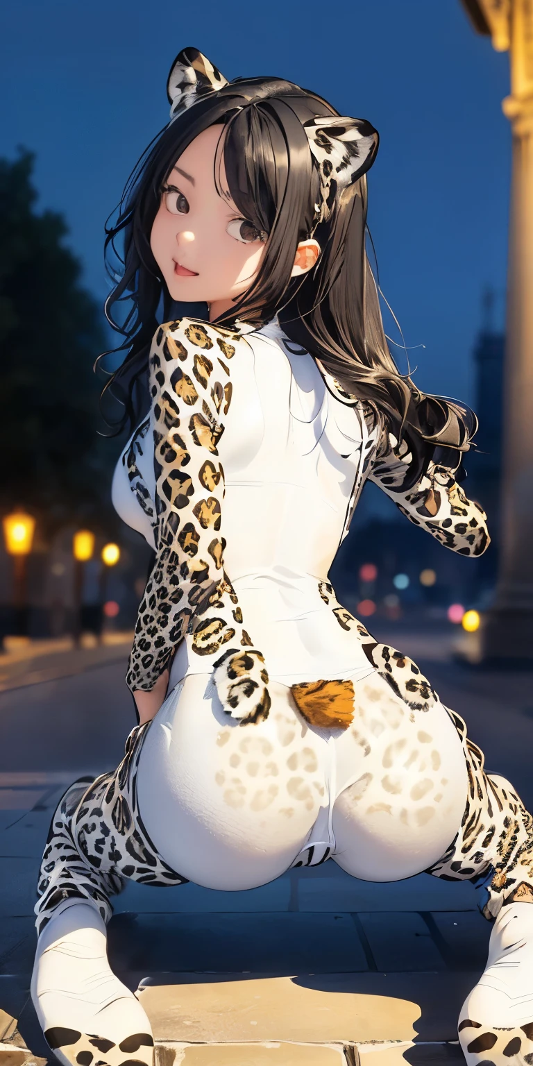 Butt Enhancement Zoom(( girl with wavy black hair))Realistically、(Keep your head low、Get on all fours with your butt sticking out、)Emphasize the tail、Open sexy look、Emphasize cleavage、(((Wearing a white leopard print bodysuit)))、Various sexy poses、background (Arc de Triomphe at night)
