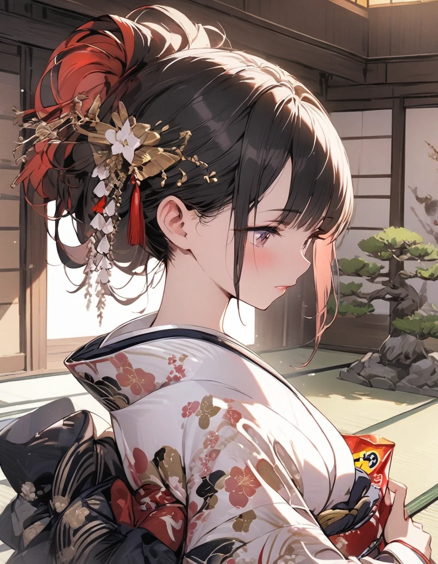 Masterpiece, one girl,((( She has potato chips))), luxurious kimono, tied hair, beautiful hair ornament, Japanese room, beautiful fusuma painting, tatami, bonsai,Upper body