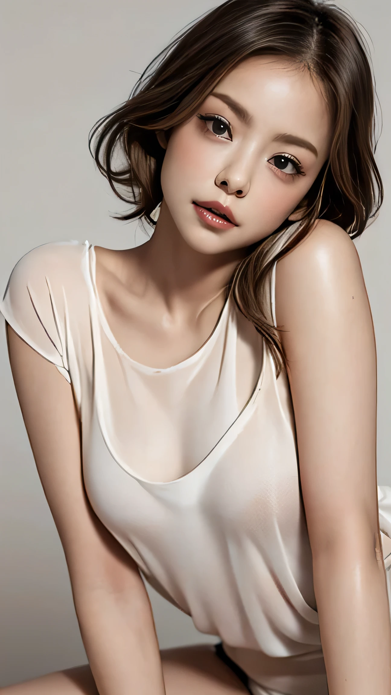 、(Highest quality), (Very detailed), (((Nude 1.2))), (Detailed light), (Very delicate and beautiful、See-through T-shirt.Very good:1.3), 1. Young girl, Brown Hair, Brown eyes, model, Highest quality, High-definition CG synthesis 8k wallpaper, High resolution raw color photos, bright、Sexy pose、(thin、Waistline)、a little 、Beautiful breasts、Various poses、short hair、Naughty pose、