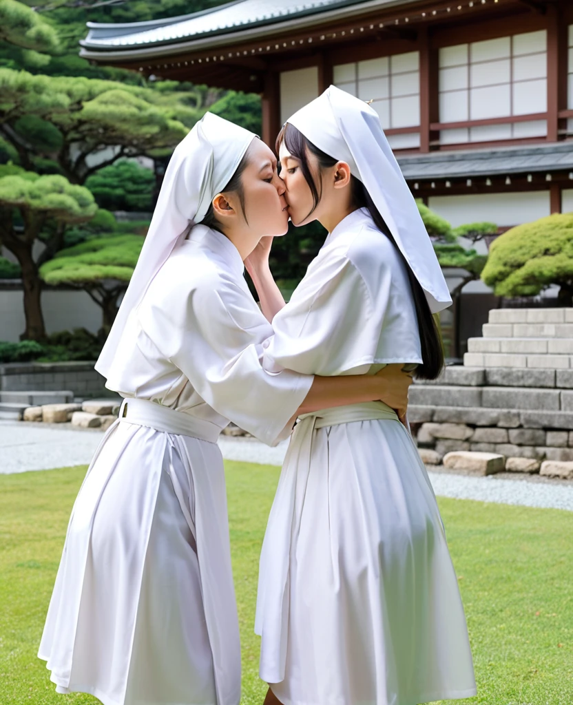 Two girls nun, wearing the hijab, beautiful and sweet face, smile and orgasm. Japanese or Chinese ethnicity, masturbation position, wear clear glasses, white panties, thin, pussy (vagina & clitoris) Pink, location on the street