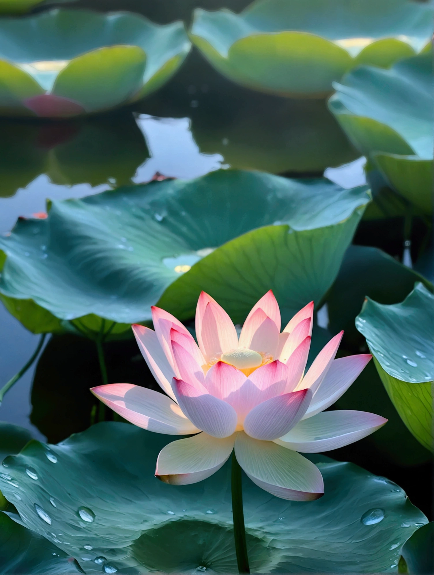 There are a lot of dew and water droplets on the light white lotus，A rainbow appears in the distance，Real photography,Fresh and natural picture，best quality, high resolution, 16K
