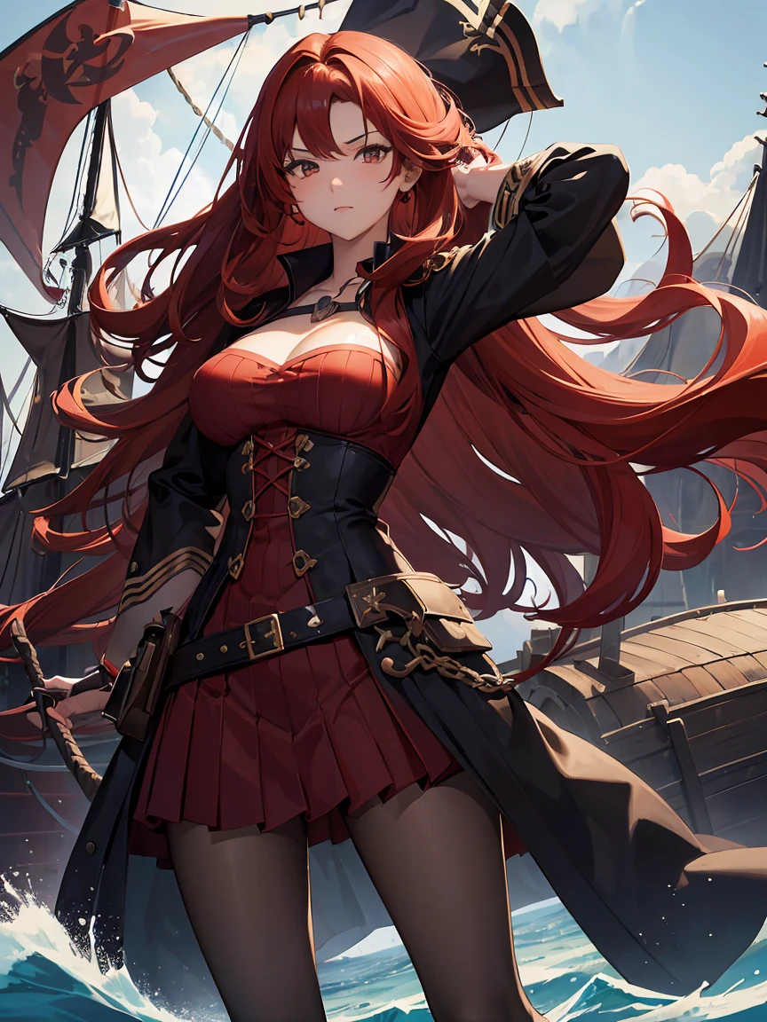 (high resolution) , (best qualityer),(4 k image),(detailedeyes),(body detailed). 1 girl, big red hair,smallbreast, dressed as a classic pirate captain(black and red clothing color),looking ahead at viewer, fully body,standing,about the ship.full body on display