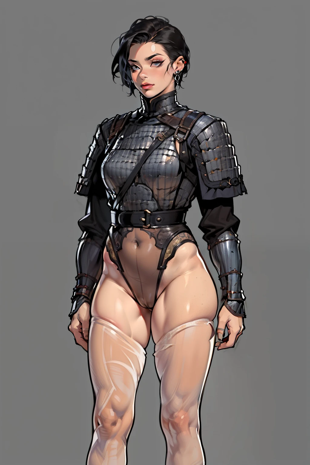(high resolution, pixel perfect, gorgeous illustrations), (hyper quality, muste piece, etheric: 1.4), ((nsfw)), cowboy shot, face focus, ((1girl)), boyish, (((teenage girl))), (hot Rocker punk girl), ((((open stance)))), cool atmosphere, black hair, ((((very_short_hair, slicked_back_hair)))), (piercing), eyelid_piercing, ((((nose_piercing)))), Exquisite face, (gothic_makeup), tattoo, (((muscular_female))), (thick thighs, wide hips, small breasts), fighter, (((wh_chi_armor))), ((highleg_leotard_armor see_through)), (((cameltoe))), shiny skin, gleaming skin, simple background,