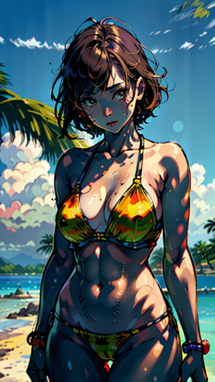 ((Highest quality, masterpiece, High resolution))、Beautiful Japanese Women、((Real anime art))、 ((1 girl))、 Normal size breasts、Slim figure、Medium Short Hair、double eyelid、Wet see-through bikini、A pareo with bold ethnic patterns and plenty of primary colors.、Realistic Skin、Wet、whole body、Cinematic Light、tropical、On the sunny beach、With the sea in the background、Blur the background、sit
