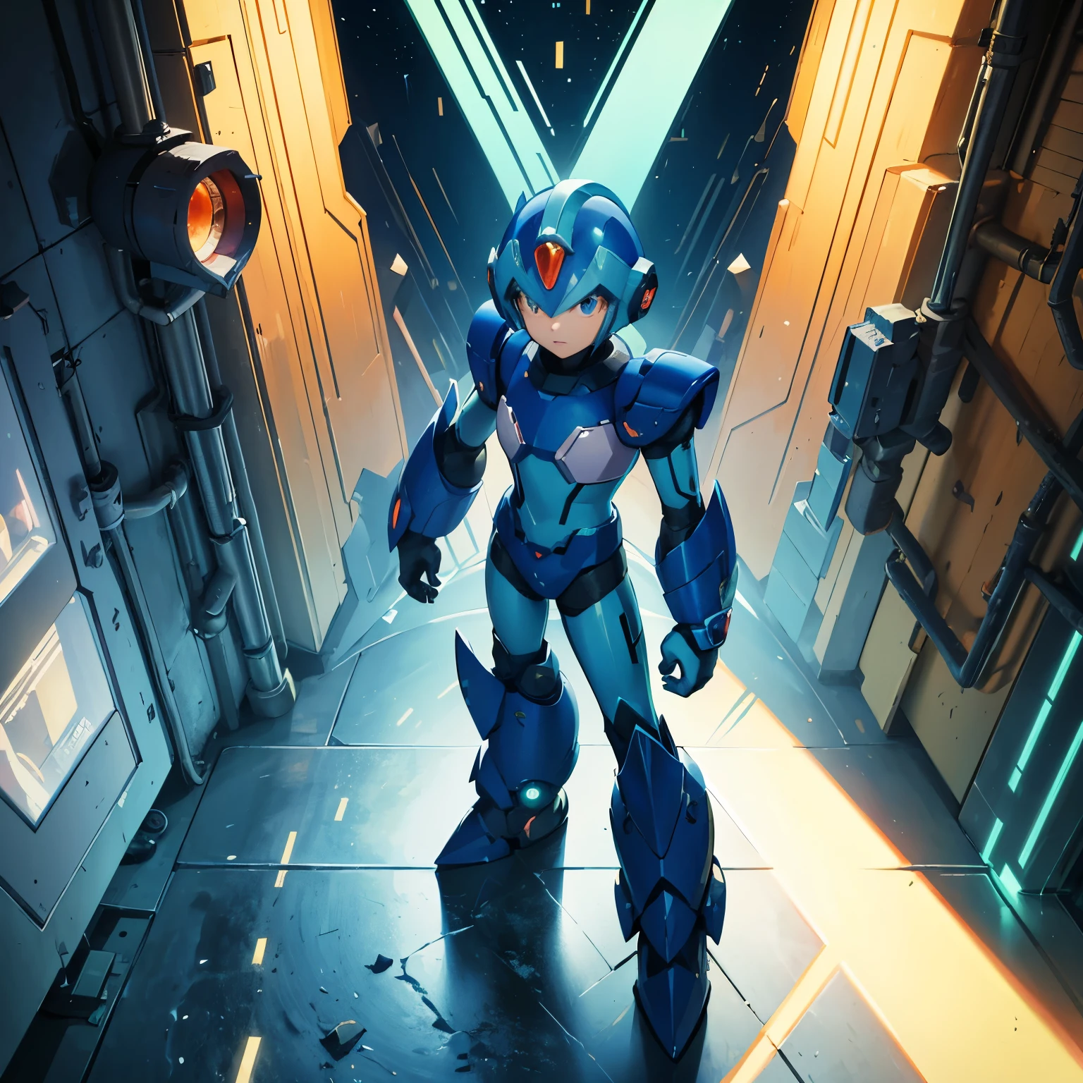 X_mega manX, standing alone, ****ung boy, male focus, helmet, ANDROID, blue armor, greeneyes, work of art, high qualiy, arm cannon, in an industrial setting, in avian theme style, realisitic, but stylized, Villagecore, cerulean, orange and cerulean, dragoncore, aerial view, face detailed, perfect and beautiful eyes