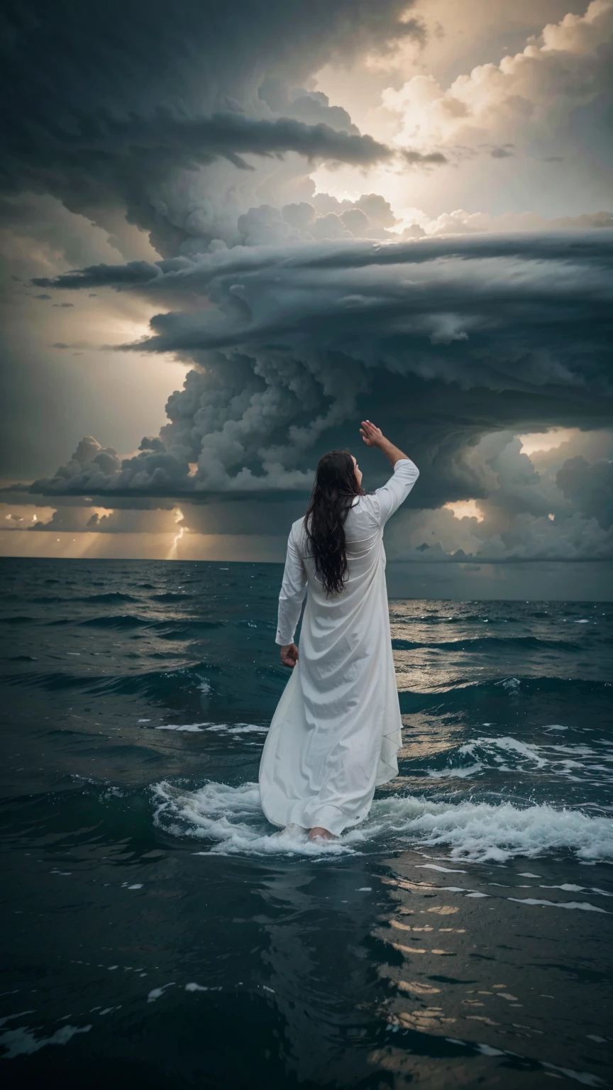 A pious man with long hair wearing a white full dress stands with both hands raised above the water of the raging sea. The sky is covered with dark clouds.back view,back view,Hyper-realistic photography, gentle soft natural backlightning, real photo,Cinematic style,realistic environment,low contrast, 32k resolution , highly detailed, realistic dress. Ultrarealistic water, hills