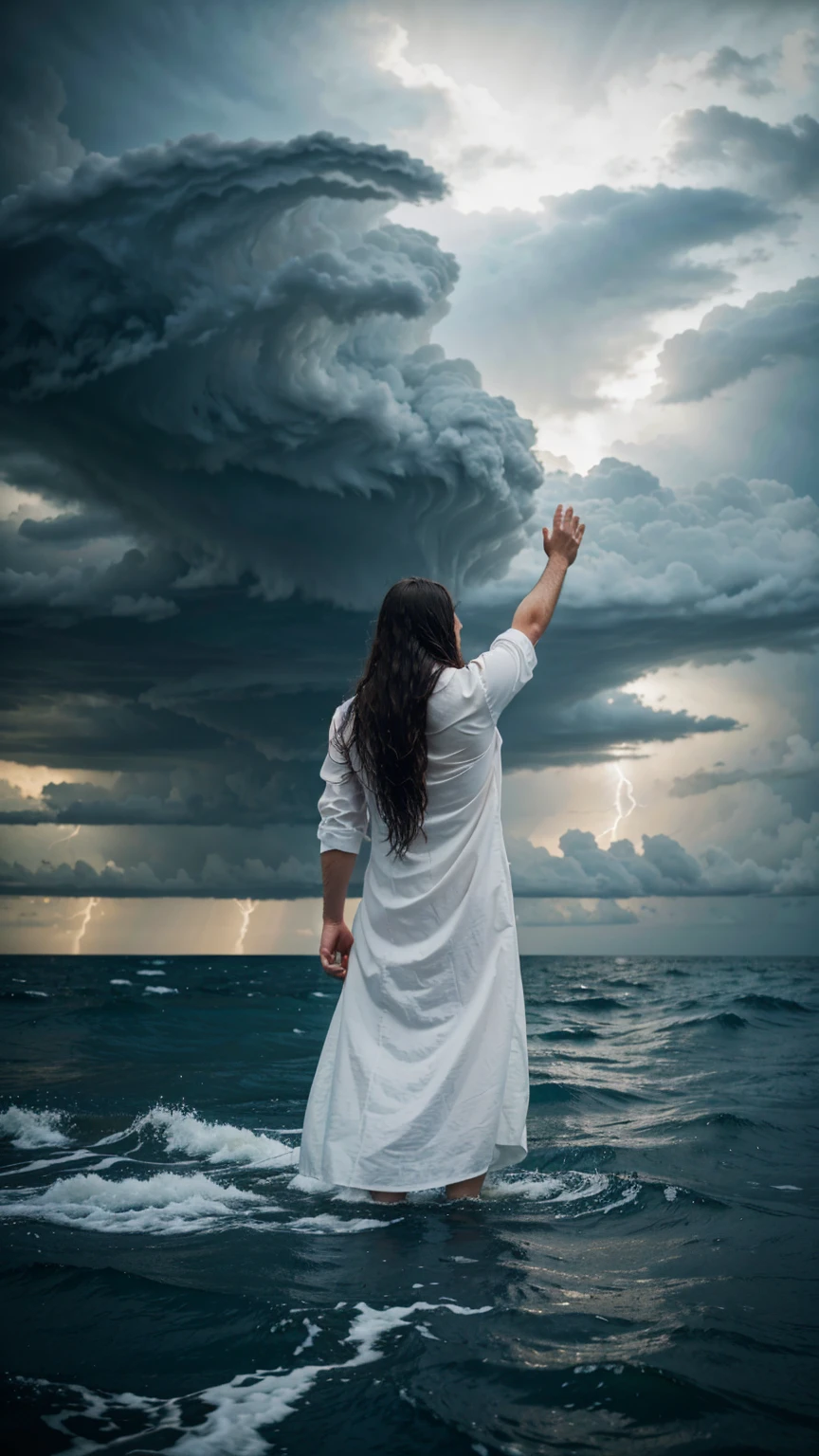 A pious man with long hair wearing a white full dress stands with both hands raised above the water of the raging sea. The sky is covered with dark clouds.back view,back view,Hyper-realistic photography, gentle soft natural backlightning, real photo,Cinematic style,realistic environment,low contrast, 32k resolution , highly detailed, realistic dress. Ultrarealistic water, hills
