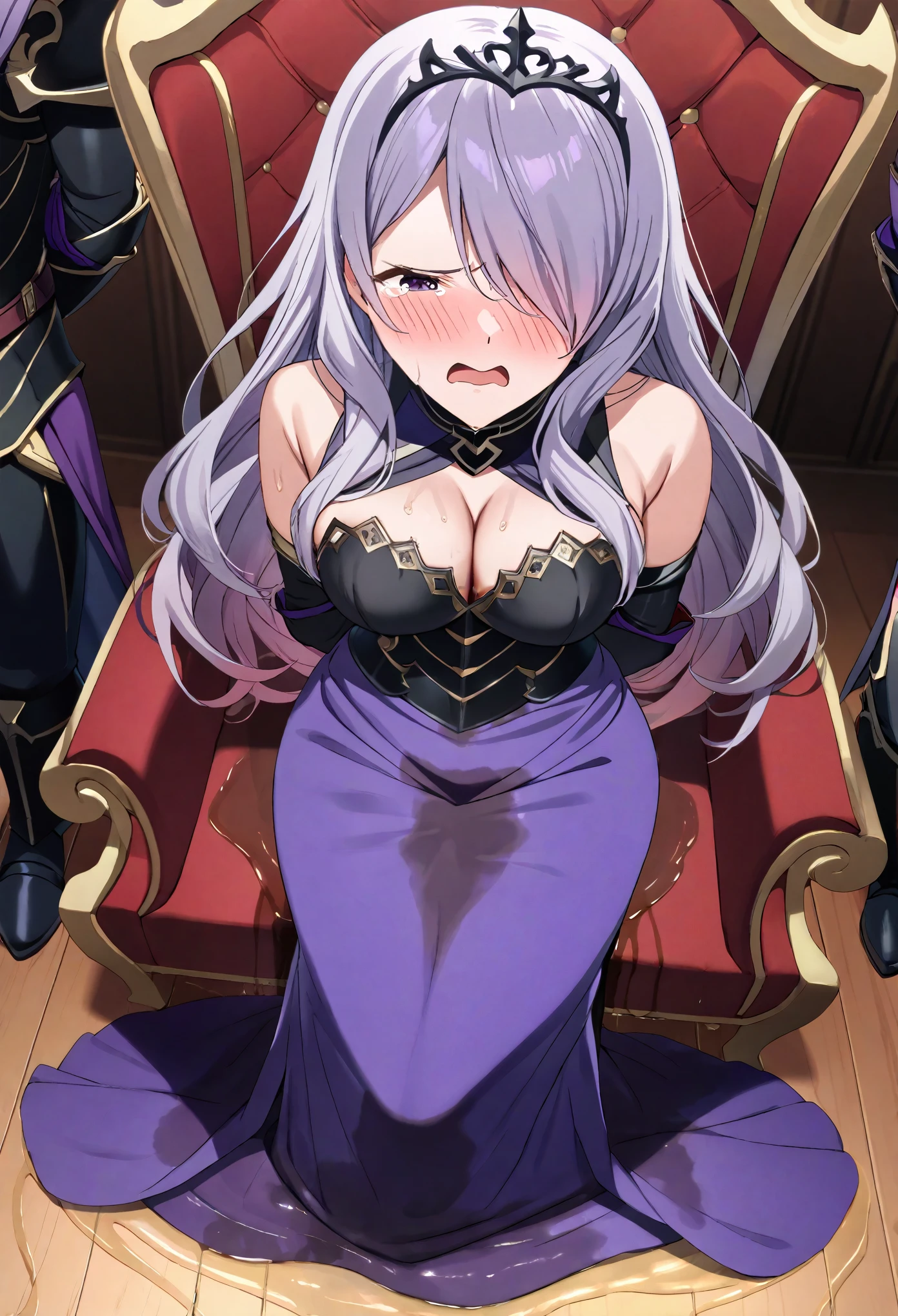 (high quality,Very detailed:1.37, High resolution), Woman, defCm, hair over one eye, black tiara, purple capelet, black armor, cleavage, gauntlets, gloves, (very long dress:1.5), skintight dress, masterpiece, best quality, (wetting herself:2.0), embarrassed, humiliation, sweating, (blush:3.0), (angry:1.5), (tears:1.5), crying, (sitting:1.5), throne, (hands behind back:2.0), from above, anime screencap