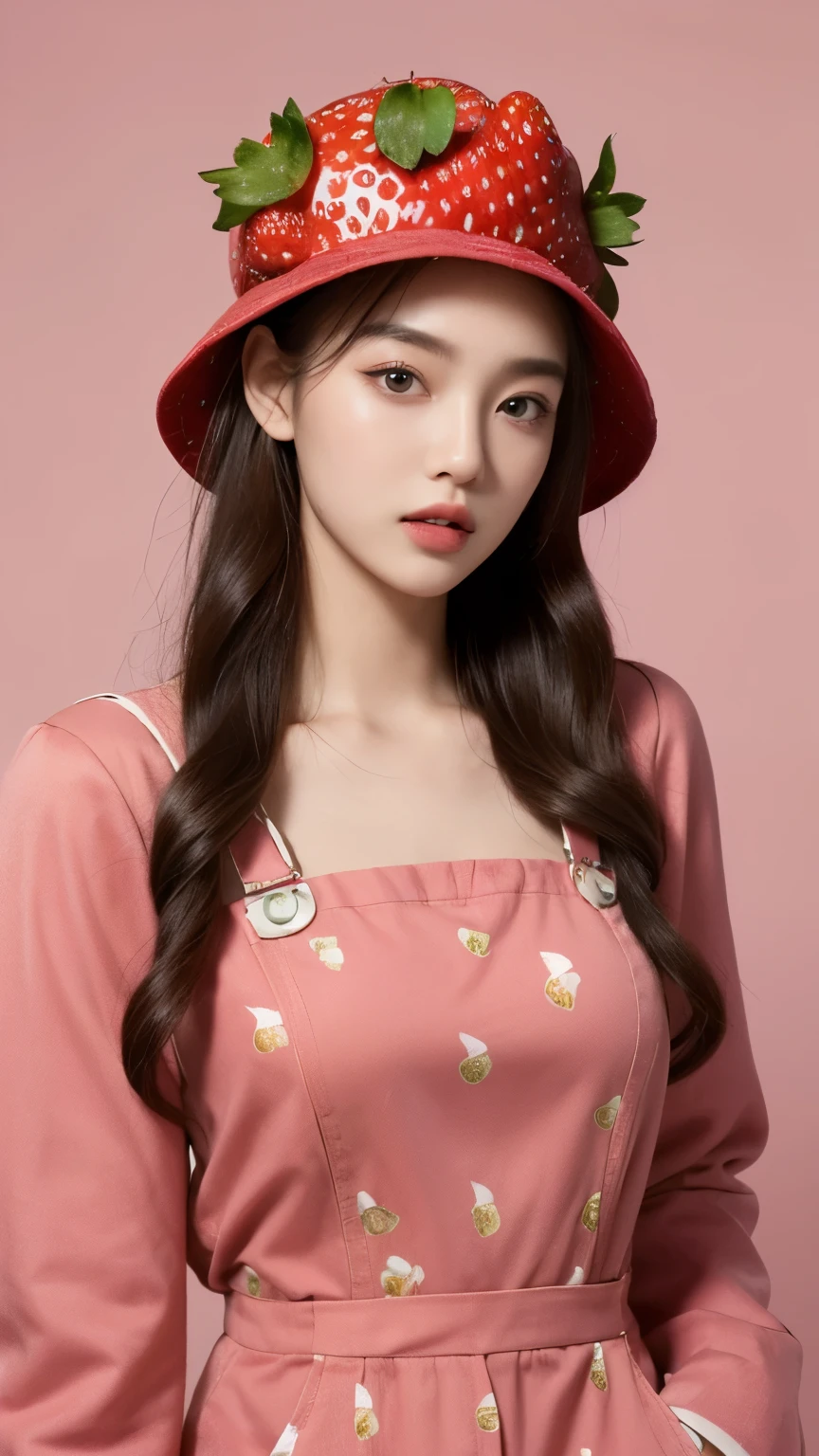 (Real, Highest quality, High resolution :1.3), One girl with a perfect body, Very beautiful face and eyes, Korean Beauty, Permed updo, (Wearing a strawberry hat:1.2), Strawberry print overalls, Jacket,
