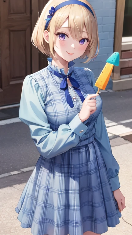 masterpiece, best quality, highres, us1, blonde hair, purple eyes, hairband, long sleeves, blue hairband, blue dress, frills, shirt, neck ribbon, blue ribbon, plaid, street, cowboy shot, popsicle, watermelon bar, smile