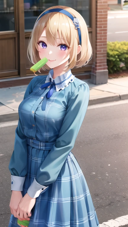 masterpiece, best quality, highres, us1, blonde hair, purple eyes, hairband, long sleeves, blue hairband, blue dress, frills, shirt, neck ribbon, blue ribbon, plaid, street, cowboy shot, popsicle, watermelon bar, smile