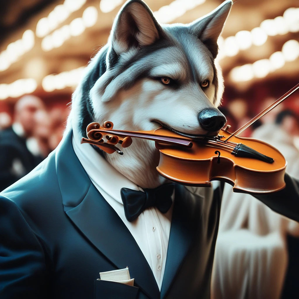 score_9, score_8_up, score_7_up, score_6_up, score_5_up, score_4_up,source_photorealistic,raw photo,cinematic shot,detailed,rating_safe,a wolf wearing a tuxedo and a tophat and holding a violin in a theater, 