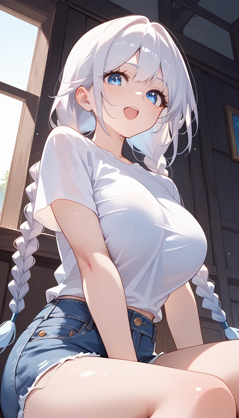 Masterpiece, best quality, score_9, score_8_up, score_7_up, source_anime, expressive face, expressive eyes, white hair, twin braids, blue eyes, large breast, alternate outfit, (white shirt), short sleeve, denim shorts, sitting, (lean forward:1.3), panic, open mouth, very close view, (from below)