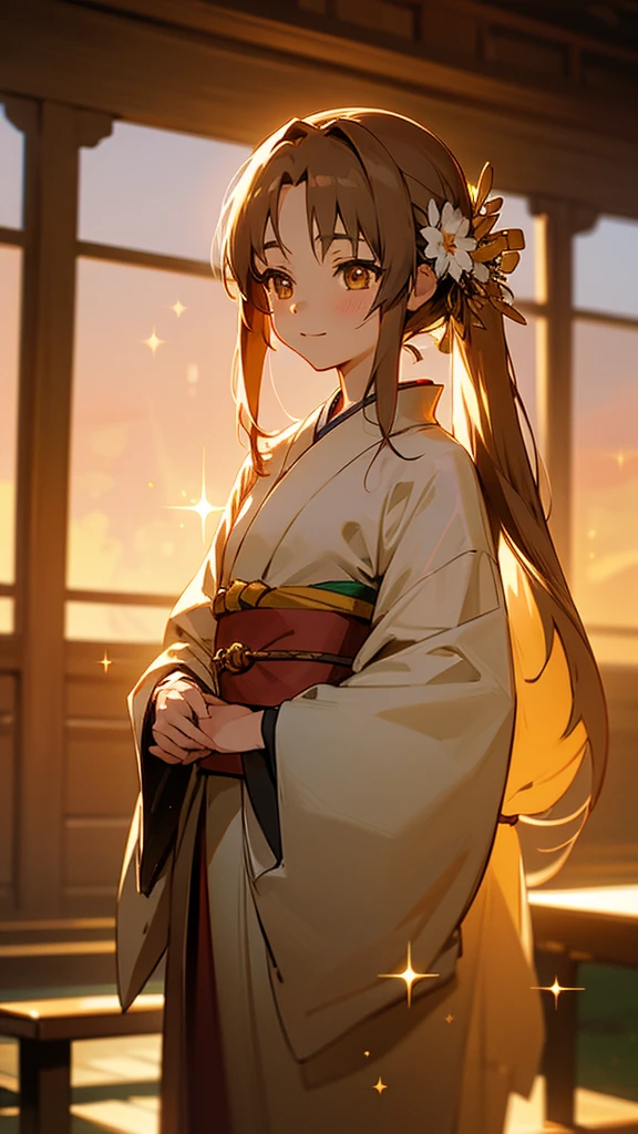 Ghibli style、Asuna, masterpiece, Highest quality, detailed, (One girl), alone, detailed golden eyes, Shoulder-length hair、Are standing, Close to the audience, (detailed kimono), A light smile, Medium chest, Beautiful kimono、sunset, (hair ornaments), 、Beautiful nature background、Brown Hair, Twin tails, Character portrait, Hair Flower, Sparkle Effect, Sparkle Effect, 3D Rendering,