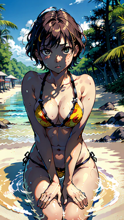 ((Highest quality, masterpiece, High resolution))、Beautiful Japanese Women、((Real anime art))、 ((1 girl))、 Normal size breasts、Slim figure、Medium Short Hair、double eyelid、Wet see-through bikini、A pareo with bold ethnic patterns and plenty of primary colors.、Realistic Skin、Wet、whole body、Cinematic Light、tropical、On the sunny beach、With the sea in the background、Blur the background、sit