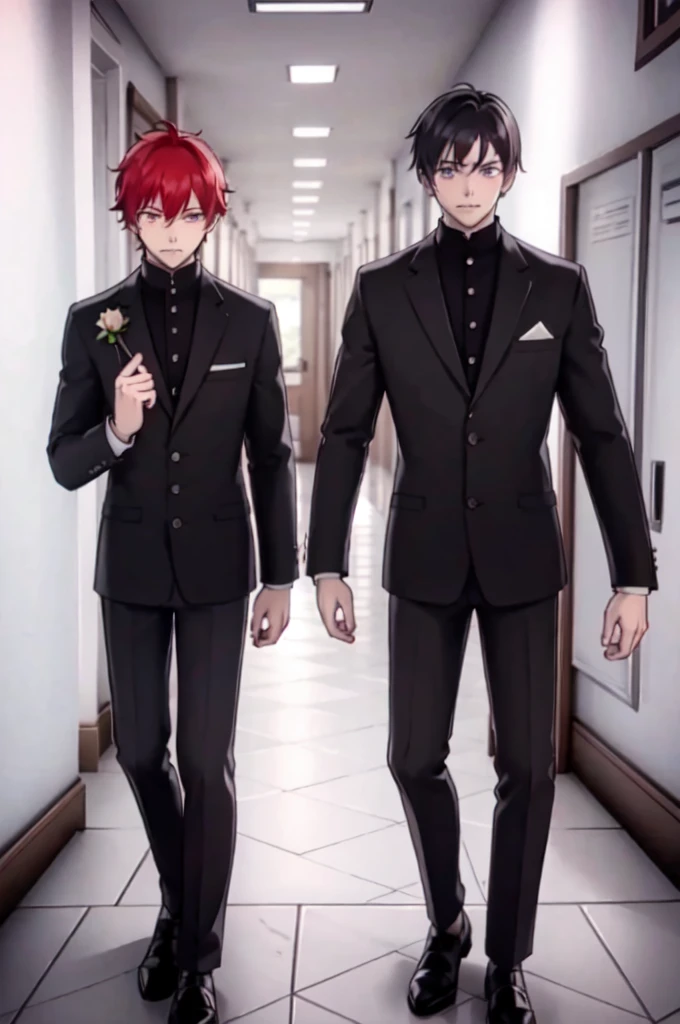 yandere_style, (2boys:1.3),, ultra detailed, masterpiece, best quality, aesthetic, detailed,, ultra detailed, masterpiece, best quality, solo, smirk, 2boys, red hair, teal eyes, black hair, red eyes, suits