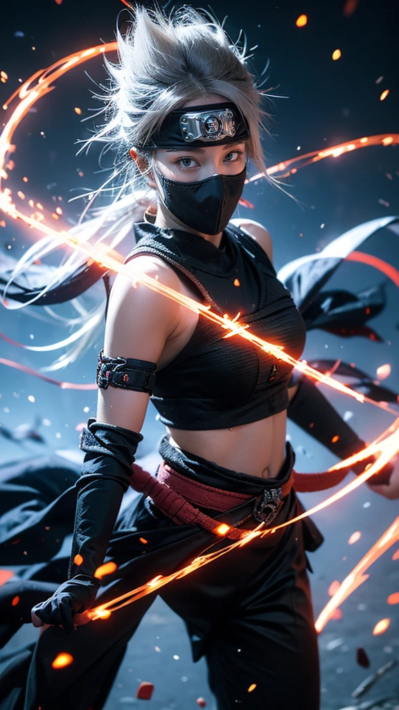 Moisturized skin, (red eyes), realistic body, (adult female body), energetic, (), (girl),
BREAK,
bright red lipstick, (beautiful navel), (silver hair), beautiful hair, (Kakashi Hatake's clothes: 1.3),
BREAK,
((masterpiece + highest quality + high resolution + highly detailed)), (full body: 1.2), symmetrical, one shot,
BREAK,
(electric shock), (wind blows), (blue electricity), (battle stance: 1.4),
BREAK,
(large Japanese sword), ninja, inside a mansion, assassination, cut, kunai, fantastical, dynamic,
