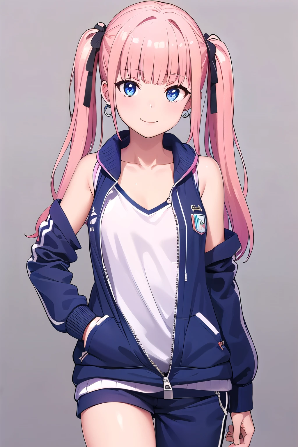 (8K, top-quality, masterpiece:1.2), (reallistic, Photorealsitic:1.37), Super Detail, One girl,), (Highly detailed), (beautifully detailed eyes), (of the highest quality), (super detailed ), (masterpiece), (Detailed face),20yr old, ,1 girl, ((pink hair,long hair)), medium breasts, clothed, Perfect Lighting, BREAK (navy blue tracksuit:1.3), (long sleeve jacket with zipper:1.3), (white tank top:1.2), (relaxed fit:1.2), (left chest pocket:1.2), (side pocket:1.2), (ribbed cuffs and hem:1-), (white crew socks:1.1), (navy sneakers:1.1), (silver hoop earrings:1.1), BRAKE (upper body to thighs:1.2), (pink twin tails:1.2), (blunt bangs:1.3), (smiling:1.2), (face turned slightly:1.1), (holding chain:1.1), (right foot forward:1.1), (bright lighting:1.1), (white background:1.1)