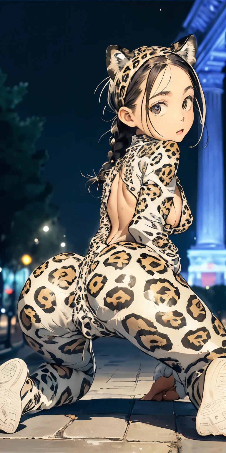 Butt Enhancement Zoom(( girl with braided black hair))Realistically、(Keep your head low、Get on all fours with your butt sticking out、)Emphasize the tail、Open sexy look、Emphasize cleavage、(((Wearing a white leopard print bodysuit)))、Various sexy poses、background (Arc de Triomphe at night)