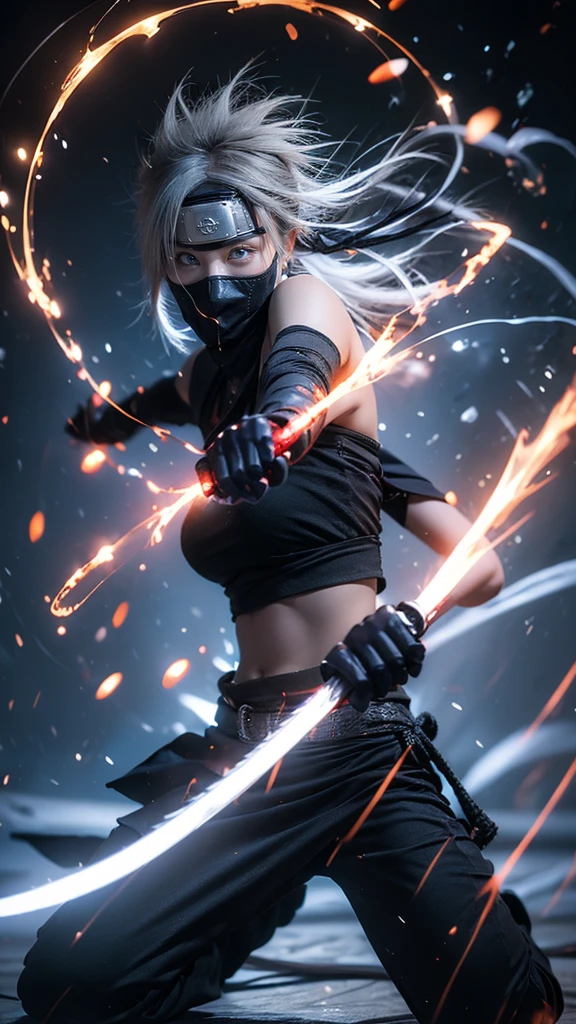 Moisturized skin, (red eyes), realistic body, (adult female body), energetic, (16 years old), (girl),
BREAK,
bright red lipstick, (beautiful navel), (silver hair), beautiful hair, (Kakashi Hatake's clothes: 1.3),
BREAK,
((masterpiece + highest quality + high resolution + highly detailed)), (full body: 1.2), symmetrical, one shot,
BREAK,
(electric shock), (wind blows), (blue electricity), (battle stance: 1.4),
BREAK,
(large Japanese sword), ninja, inside a mansion, assassination, cut, kunai, fantastical, dynamic,