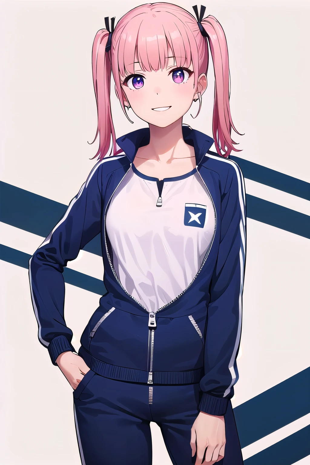 (8K, top-quality, masterpiece:1.2), (reallistic, Photorealsitic:1.37), Super Detail, One girl,), (Highly detailed), (beautifully detailed eyes), (of the highest quality), (super detailed ), (masterpiece), (Detailed face),20yr old, ,1 girl, ((pink hair,long hair)), medium breasts, clothed, Perfect Lighting, BREAK (navy blue tracksuit:1.3), (long sleeve jacket with zipper:1.3), (white tank top:1.2), (relaxed fit:1.2), (left chest pocket:1.2), (side pocket:1.2), (ribbed cuffs and hem:1-), (white crew socks:1.1), (navy sneakers:1.1), (silver hoop earrings:1.1), BRAKE (upper body to thighs:1.2), (pink twin tails:1.2), (blunt bangs:1.3), (smiling:1.2), (face turned slightly:1.1), (holding chain:1.1), (right foot forward:1.1), (bright lighting:1.1), (white background:1.1)