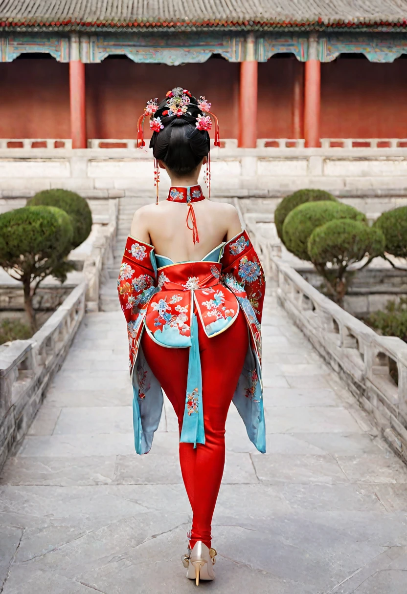 Photo from behind the stone paving outside the Qing Dynasty Palace、Empress of the Qing Dynasty、She is wearing a bright red Manchu costume with floral patterns., Her hair is big, Fancy flowers and hairpins.　In this diagram、The loincloth is hanging down、Big butt exposed。.