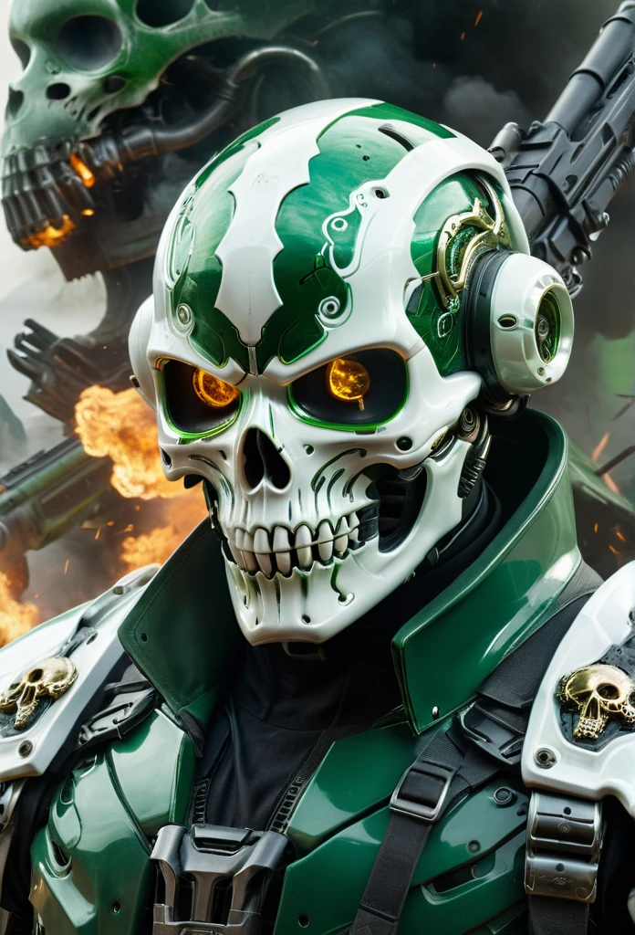 Create a character in a glossy green and white biomechanical mask resembling a skull, with dark eyes and intricate details. Holding a heavy rifle, he hovers above a chaotic battlefield with fiery jet-powered boots. Debris and biomechanical elements blur into the background, emphasizing the intense atmosphere and the character’s readiness.