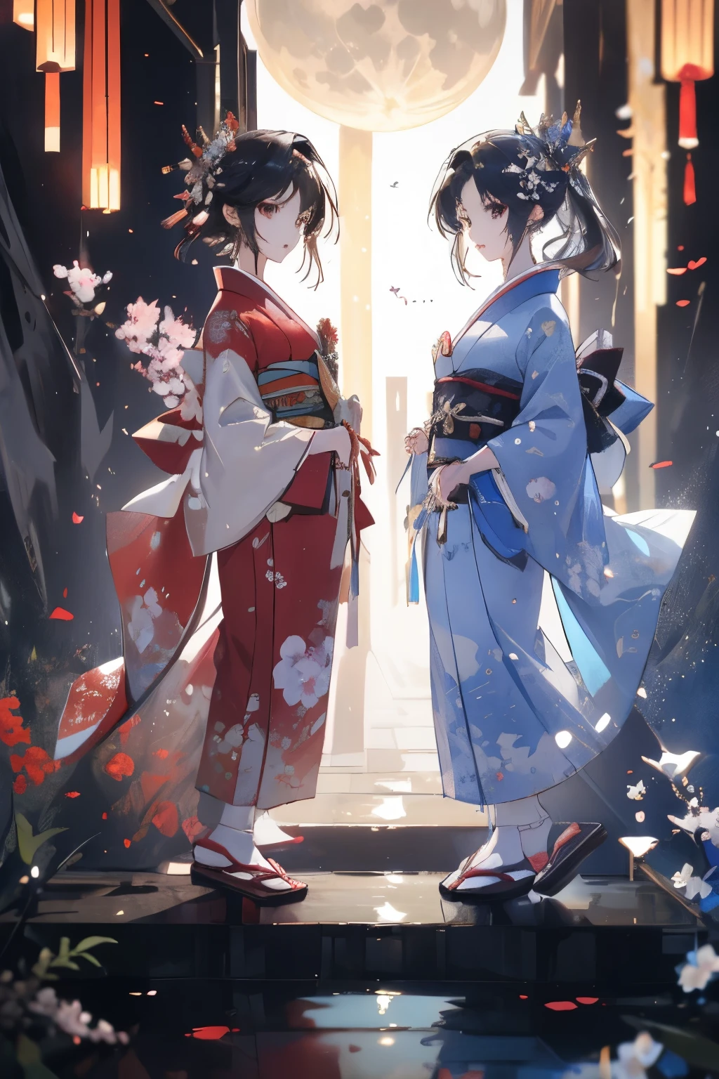 ((Highest quality)), ((masterpiece)), (detailed), (full body)(shoot from front)(looking at viewer)
profile、Age is 6 years old、Two young girls、
Two young girls are standing next to each other at the same distance. They have short, black bob haircuts.、Both of them have white skin and are dressed in the same style. The girl on the right is 90 years old.%The girl on the left wearing a red kimono is 90 years old.%Full body image of a person wearing a white kimono、Standing posture(2,2)
background
night、Japanese-style house、moon、dark
