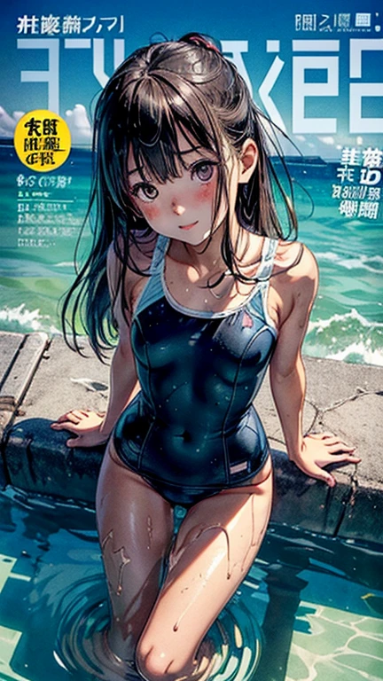 (Superflat, Flat Shading, Flat Color:1.1)、(Magazine Cover)、An illustration、(Asian boyish girl)、(cute:1.2)、Very beautiful 14 year old manga girl、Great smile、Blushing cheeks、(Skin with attention to detail: 1.2)、Photorealistic anime girl rendering、Realistic Anime 3D Style、cuteボブカット、Beautiful brown hair、Intense black eyes、Strong eye highlights、(Detailed、Mid-chest)、Perfect Anatomy、My hair is messy、Old-fashioned school swimsuit、((A torn and tattered school swimsuit))、White school swimsuit、((Wet))、From below、((from the front))、Showing off her school swimsuit、Small school swimsuit、Angle from the feet、From belowのアングル、((From below見上げるアングル、Showing crotch))、Volumetric lighting、Soft Light、bright、neon、Vibrant colors、Watercolor、