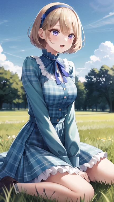 masterpiece, best quality, highres, us1, blonde hair, purple eyes, hairband, long sleeves, blue hairband, blue dress, frills, shirt, neck ribbon, blue ribbon, plaid, cowboy shot, wariza, open mouth, grass, field, sky