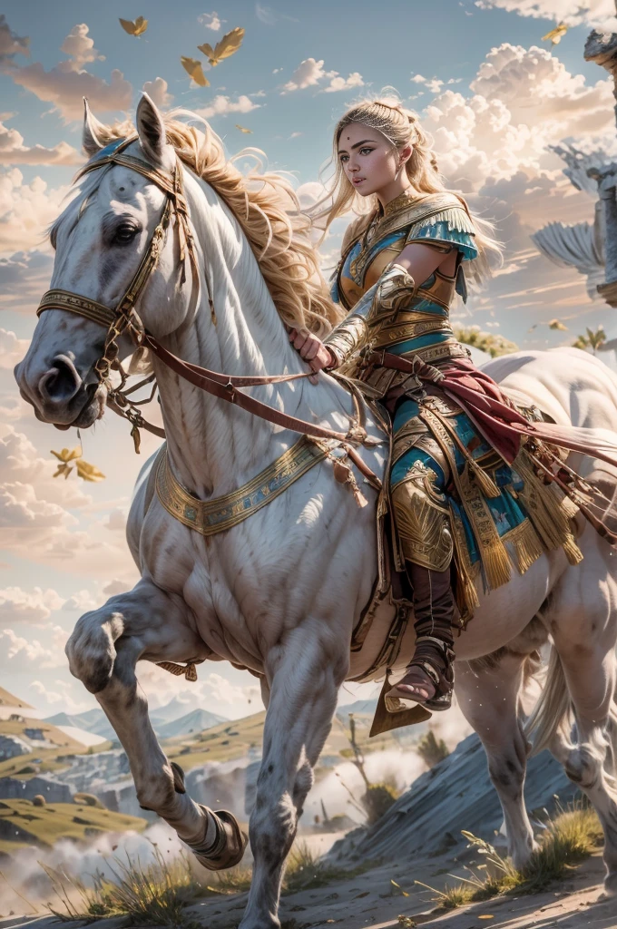 Masterpiece, Imagine a beautiful 18-year-old female Amazon scythian warrior, fierce and fearless, mounted on a striking white horse, she embodies the essence of rebellion and resilience. She rides through the heart of a breathtakingly savage ancient Turkey landscape, she has a pale skin, blue-green eyes, light brown hair, slim body, small breasts. The wild terrain of ancient Anatolia surrounds her, serving as both home and battleground, a symbol of her tribe's enduring fight for survival. This is a moment frozen in time, capturing the eternal struggle of the Scythian horserider's tribe against the encroaching tides of time and change, 16K, ultra high res.photorealistic, UHD, RAW, (5th century BC vibes:1.1)