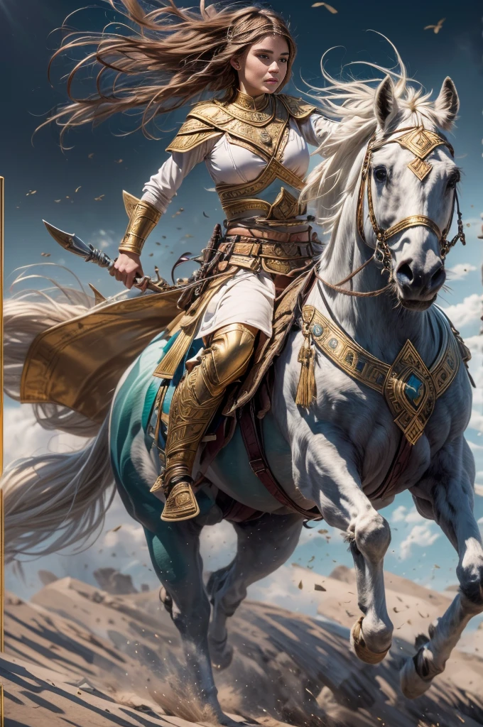 Masterpiece, Imagine a beautiful 18-year-old female Amazon scythian warrior, fierce and fearless, mounted on a striking white horse, she embodies the essence of rebellion and resilience. She rides through the heart of a breathtakingly savage ancient Turkey landscape, she has a pale skin, blue-green eyes, light brown hair, slim body, small breasts. The wild terrain of ancient Anatolia surrounds her, serving as both home and battleground, a symbol of her tribe's enduring fight for survival. This is a moment frozen in time, capturing the eternal struggle of the Scythian horserider's tribe against the encroaching tides of time and change, 16K, ultra high res.photorealistic, UHD, RAW, (5th century BC vibes:1.1)