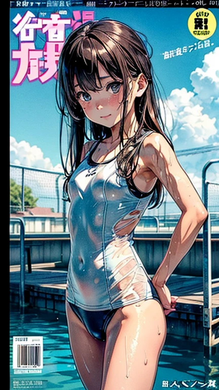 (Superflat, Flat Shading, Flat Color:1.1)、(Magazine Cover)、An illustration、(Asian boyish girl)、(cute:1.2)、Very beautiful 14 year old manga girl、Great smile、Blushing cheeks、(Skin with attention to detail: 1.2)、Photorealistic anime girl rendering、Realistic Anime 3D Style、cuteボブカット、Beautiful brown hair、Intense black eyes、Strong eye highlights、(Detailed、Mid-chest)、Perfect Anatomy、My hair is messy、Old-fashioned school swimsuit、((A torn and tattered school swimsuit))、White school swimsuit、((Wet))、From below、((from the front))、Showing off her school swimsuit、Small school swimsuit、Angle from the feet、From belowのアングル、((From below見上げるアングル、Showing crotch))、Volumetric lighting、Soft Light、bright、neon、Vibrant colors、Watercolor、