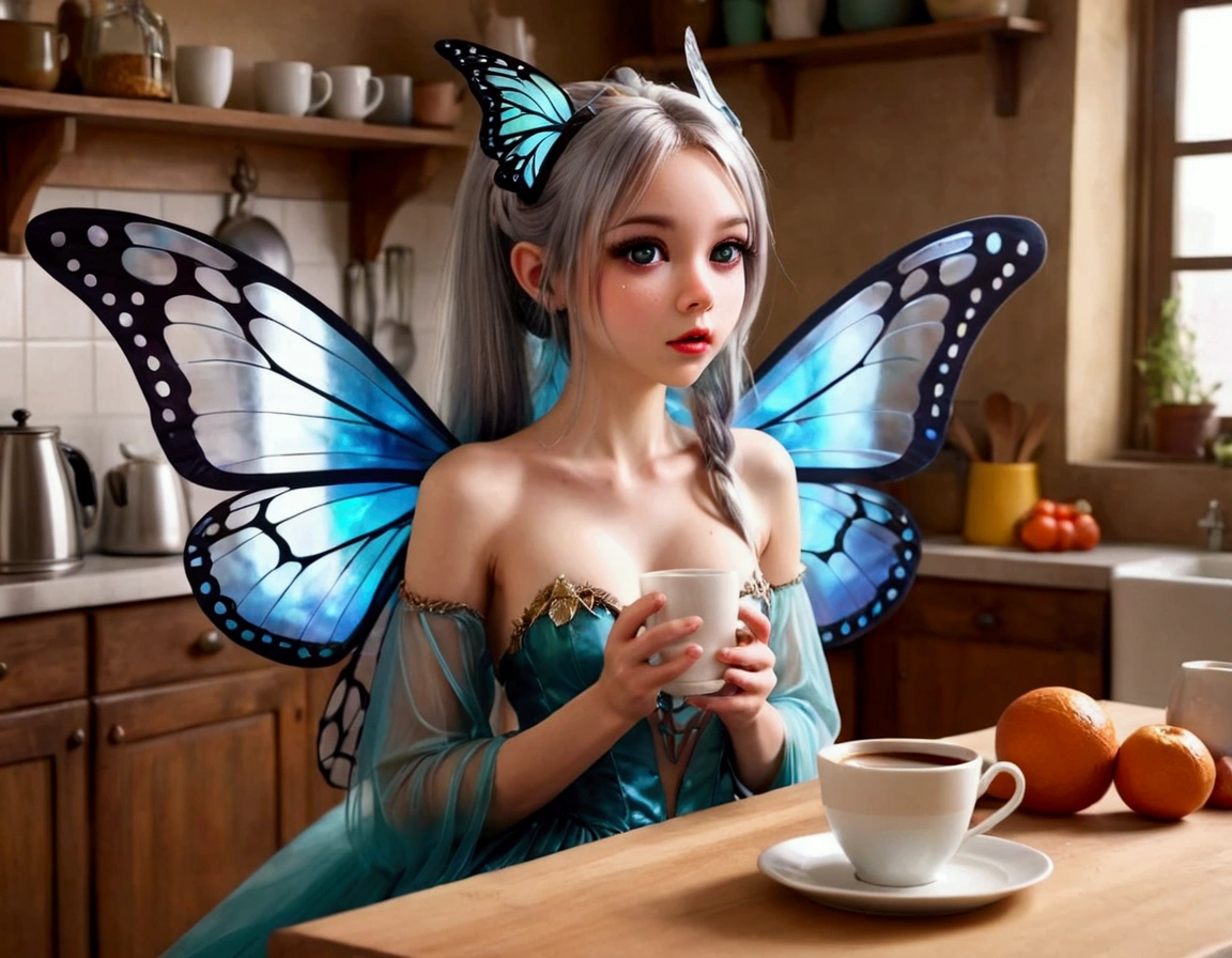 A cute fairy (crystalline butterfly wings, prismatic hair, large eyes, spider silk gown) is in the kitchen, she is taking a sip of coffee from a steaming hot cup, mischief in kitchen
