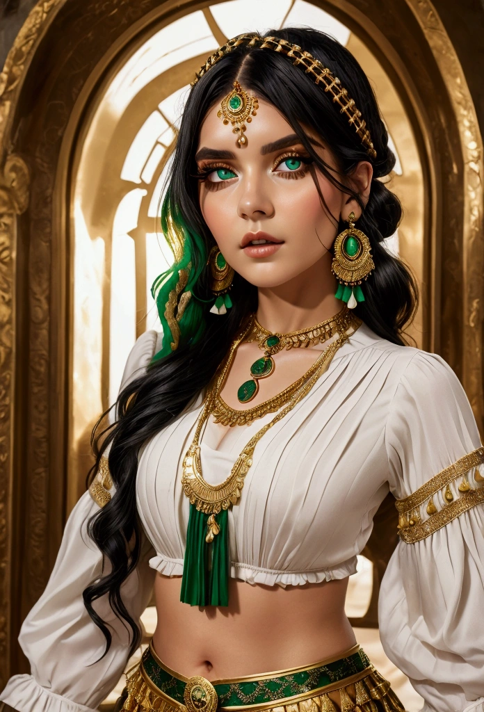 A gypsy with green eyes and black hair, white blouse with gold medals and red skirt with ruffles, shell necklaces.chas.