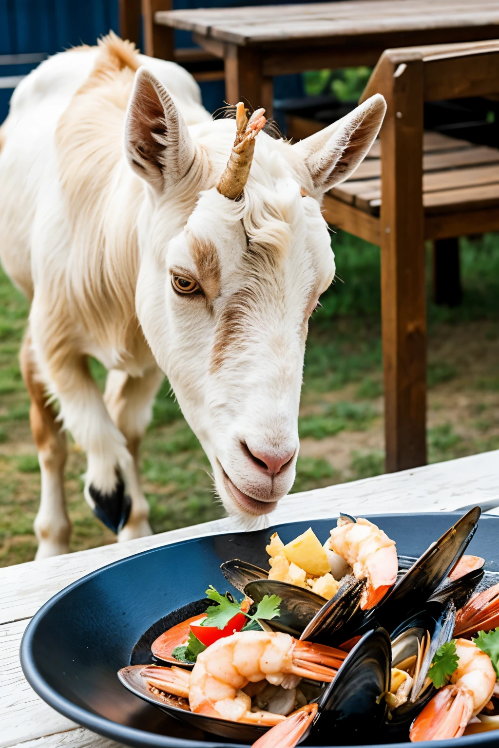 A goat eating seafood