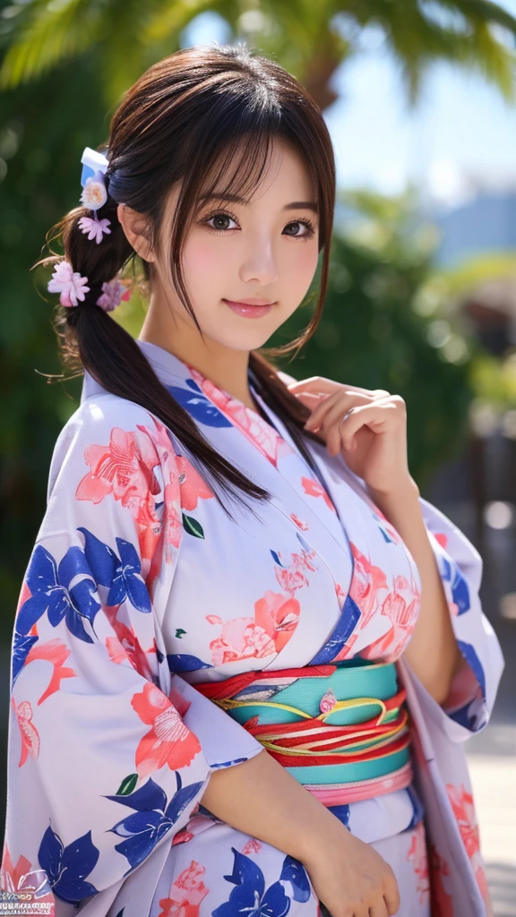 （8k、high resolution、High resolution、Fine details）High resolutionの顔、Zoom out、18 years old、 Beautiful detailed eyes、Random cute hairstyles、Yukata、Natural Makeup、Korean Idol、Ultra wide angle、Lifted、Large Breasts