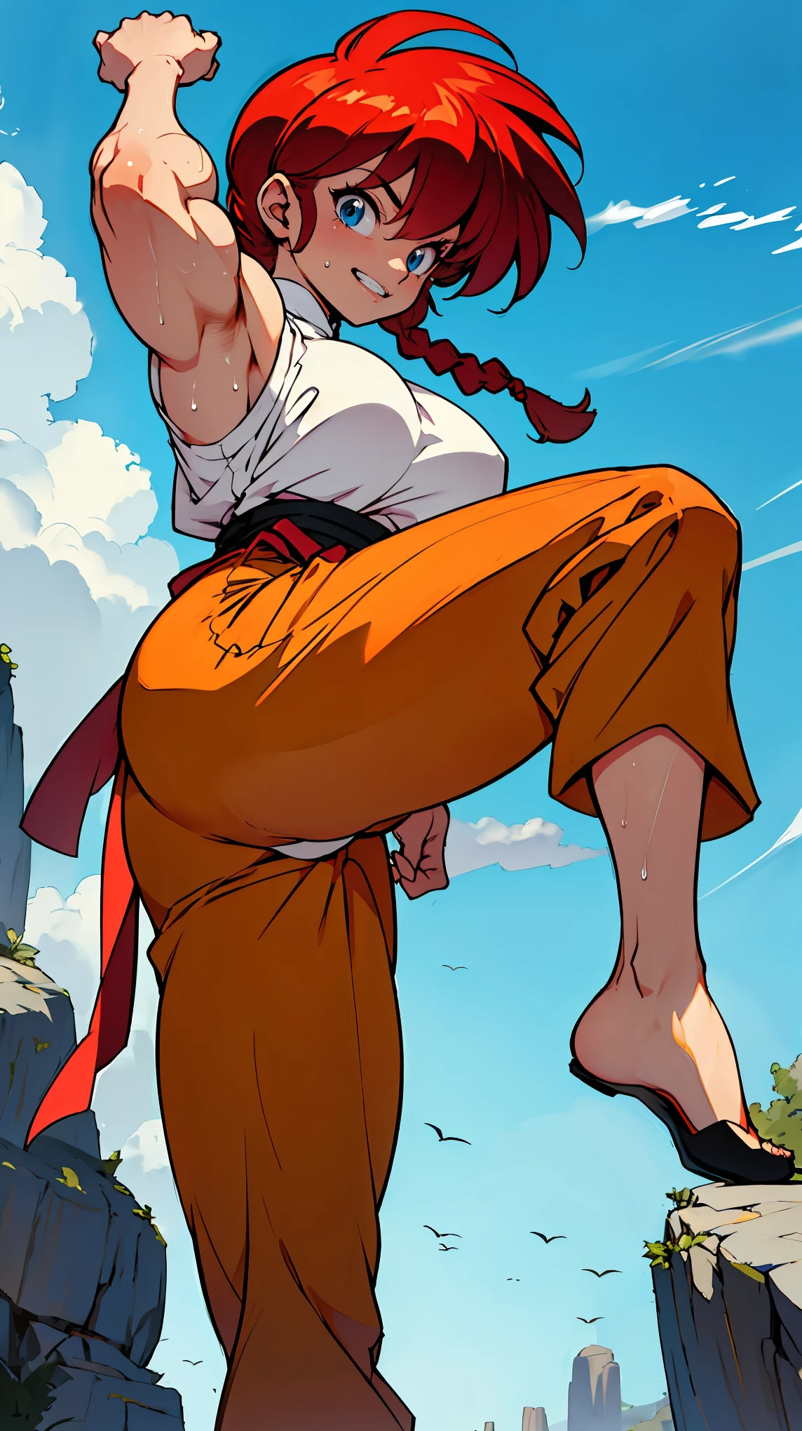 score_9, score_8_up, score_7_up, masterpiece, (ultra quality:1.3), (high resolution:1.4), Beautiful detailed, extremely detailed,16K, exquisite, absurdity, highres, Beautiful background, Beautiful eye, Beautiful skin, anime style, RanmaChan, 1girl, solo, tomboy, looking at the viewer, upper body focus, huge breasts, big ass, red_hair, single braids, sweat splashes, sweat BREAK Ranma red_shirt, ranma black_pants, Black_kung fu_shoes, Cameltoe BREAK (((muscular:1.5))), cheeky smile, Cheeky daughter, kung fu pose, hard action, (((One leg is raised high, kick, i-shaped balance))), Face, perfect anatomy, detailed background, outdoor, loose, Togenkyo,