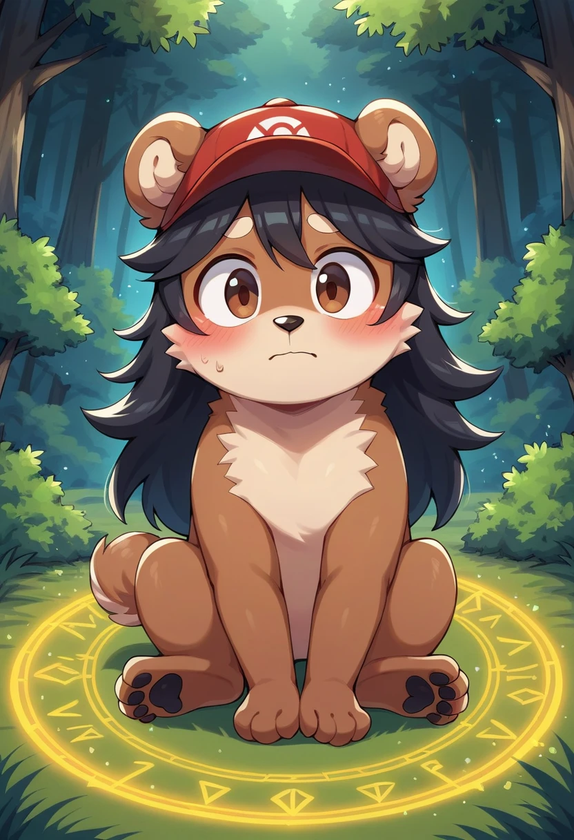 masterpiece, best quality, expressive eyes, perfect face, a man get transformed into sheep, cute, red baseball cap, solo, surpriced, blushed, naked, nsfw, ecchi, long hair, black hair, brown eyes, full body, in a magic forest, glitter, embarrassed pose, magic circle on the floor.  