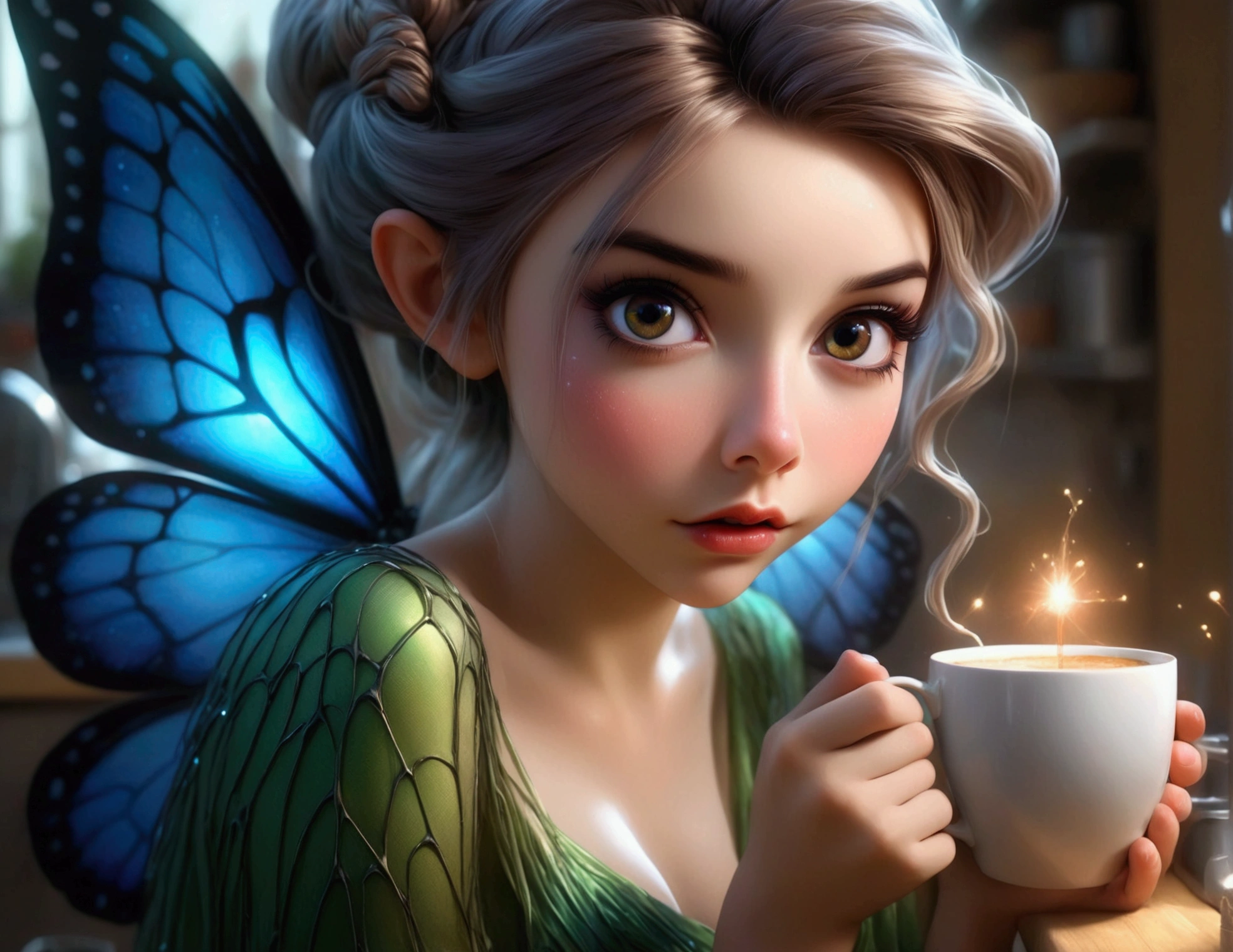 a cute fairy, crystalline butterfly wings, prismatic hair, large eyes, spider silk gown, in the kitchen, taking a sip of coffee from a steaming hot cup, mischief, detailed eyes, detailed lips, extremely detailed face, long eyelashes, photo-realistic, 8k, hyperrealistic, chiaroscuro lighting, vibrant colors, cinematic lighting, mystical, ethereal, fantasy