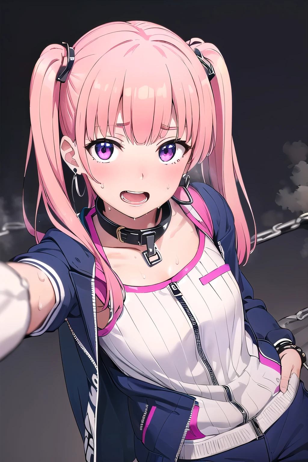 (8K, top-quality, masterpiece:1.2), (reallistic, Photorealsitic:1.37), Super Detail, One girl,), (Highly detailed), (beautifully detailed eyes), (of the highest quality), (super detailed ), (masterpiece), (Detailed face),20yr old, ,1 girl, ((pink hair,long hair)), medium breasts, clothed, Perfect Lighting, BREAK (navy blue tracksuit:1.3), (long sleeve jacket with zipper:1.3), (white tank top:1.2), (relaxed fit:1.2), (left chest pocket:1.2), (side pocket:1.2), (ribbed cuffs and hem:1-), (white crew socks:1.1), (navy sneakers:1.1), (silver hoop earrings:1.1), BRAKE (upper body to thighs:1.2), (pink twin tails:1.2), (blunt bangs:1.3), (smiling:1.2), (face turned slightly:1.1), (holding chain:1.1), (right foot forward:1.1), (bright lighting:1.1), (white background:1.1), BRAKE (sweat:1.5), (steam:1.2), (masturbation:1.2), (girl trembling with sexual climax:1.1), (looking at viewer:1.3), (open mouth:1.2), (Chains that cling to the body: 1.2), (Collar: 1.3), (Bracelet: 1.3)
