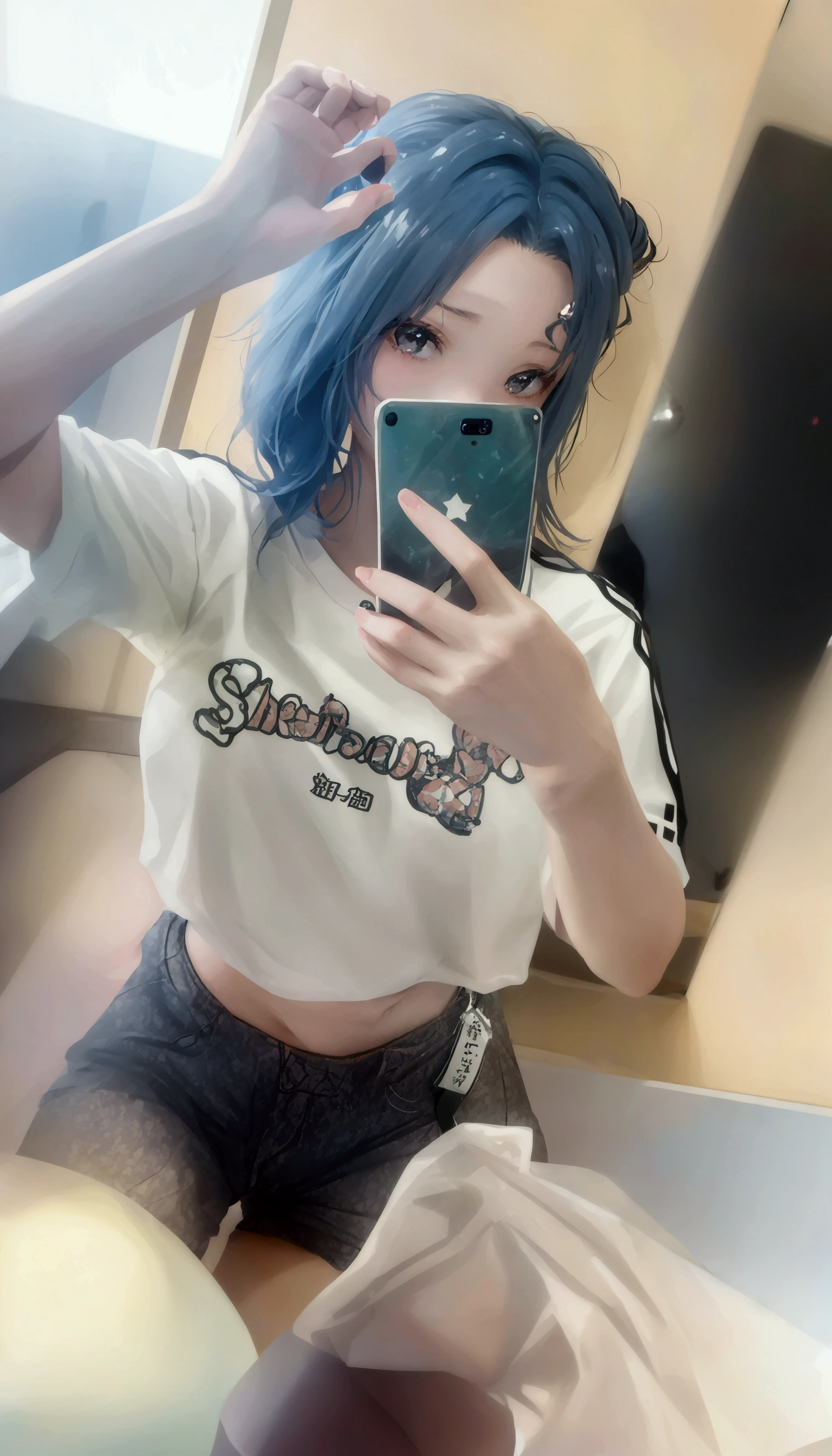 A woman is taking a selfie in the mirror, 破れたクロップT-Shirts, Crop top, 2263539546], Ulzzang, 1 8 is, Low quality photos, 👅 👅, 2 4-year-old female model, T-Shirts, Chiho, Gray hair black hair, 20-year-old, Two 0&#39;s