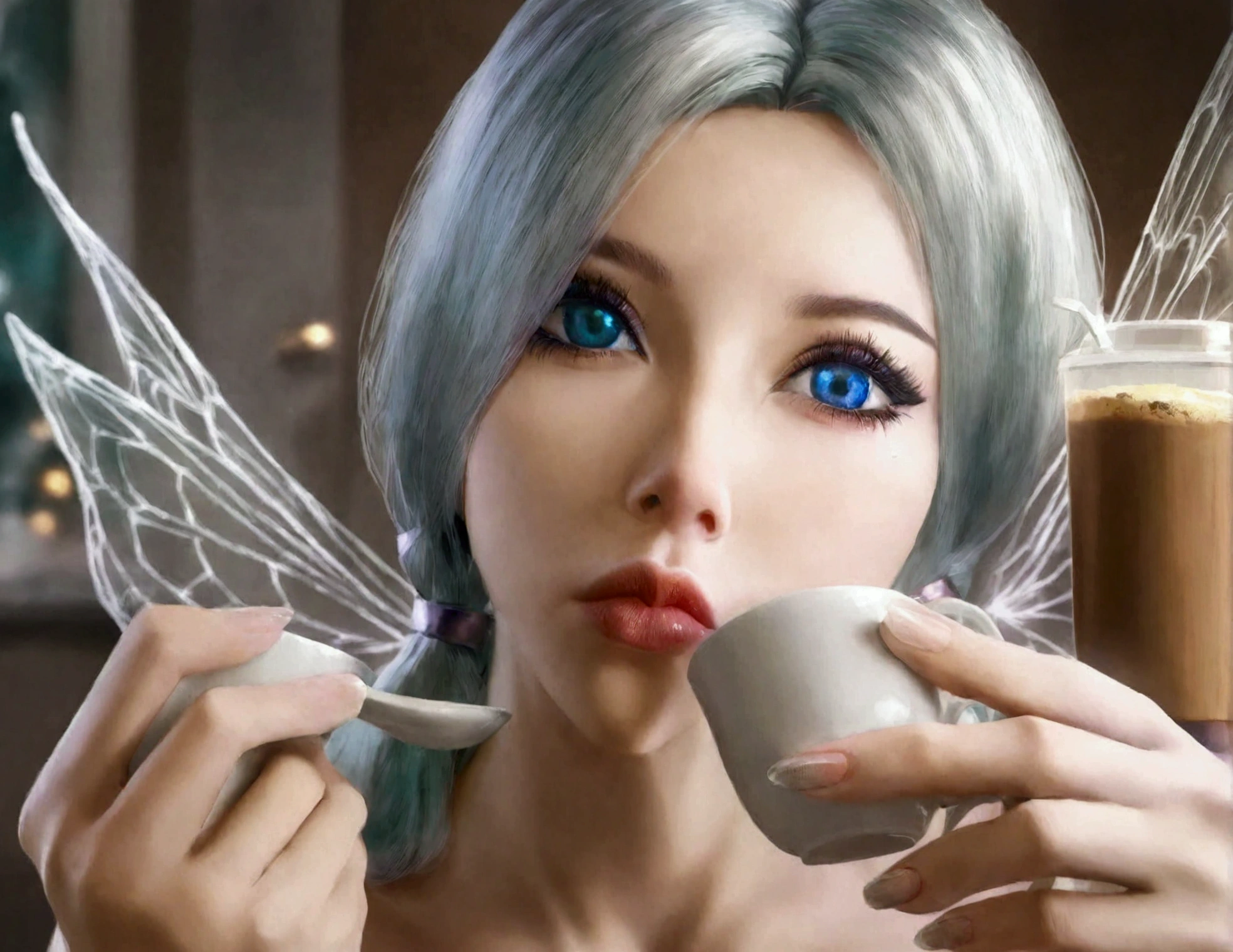 a cute fairy, crystalline butterfly wings, prismatic hair, large eyes, spider silk gown, in the kitchen, taking a sip of coffee from a steaming hot cup, mischief, detailed eyes, detailed lips, extremely detailed face, long eyelashes, photo-realistic, 8k, hyperrealistic, chiaroscuro lighting, vibrant colors, cinematic lighting, mystical, ethereal, fantasy
