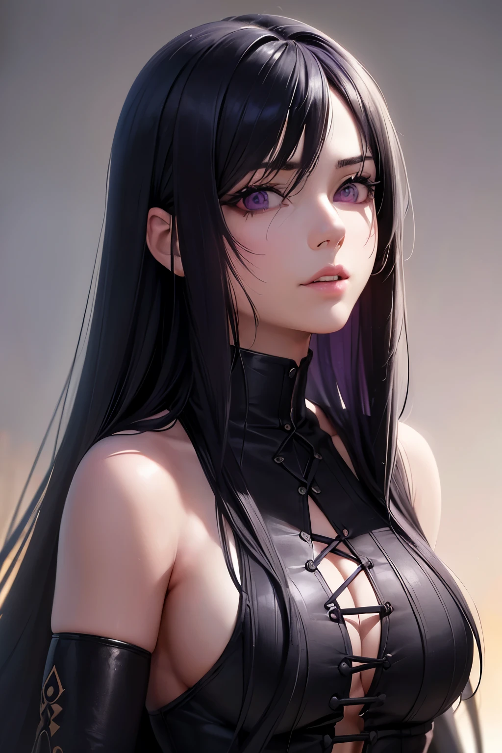 a girl with long black hair with purple tips, purple eyes, 3 scars on her face, demon slayer anime style, beautiful detailed eyes, beautiful detailed lips, extremely detailed eyes and face, long eyelashes, dramatic lighting, muted color palette, cinematic composition, highly detailed, (best quality,4k,8k,highres,masterpiece:1.2),ultra-detailed,(realistic,photorealistic,photo-realistic:1.37),dramatic lighting,muted color palette,cinematic composition