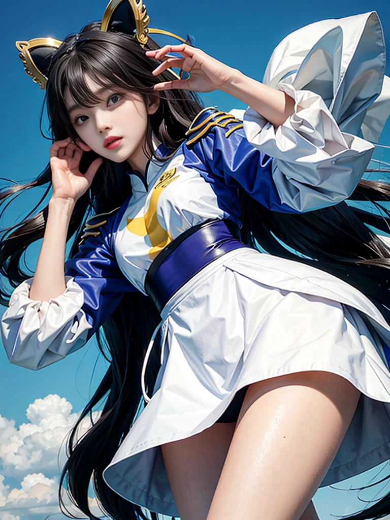 1个Giant Breast Girl,cabelos preto e longos,Qi bangs,Long ponytail,White bow hairpin,red pupils,beauitful face,crisp breasts,Convex buttocks,White military uniform,Double-breasted gold-tone clasp,White pleated skirt,Black stockings,White gloves,Japanese katana in hand,beachside,Naval warships,perfectly proportioned, Cinematic lighting, filmgrain, Fuji colors, lightand shade contrast, 8K, 巨作, Textured skin, Super detail, high detal, High quality, A high resolution,