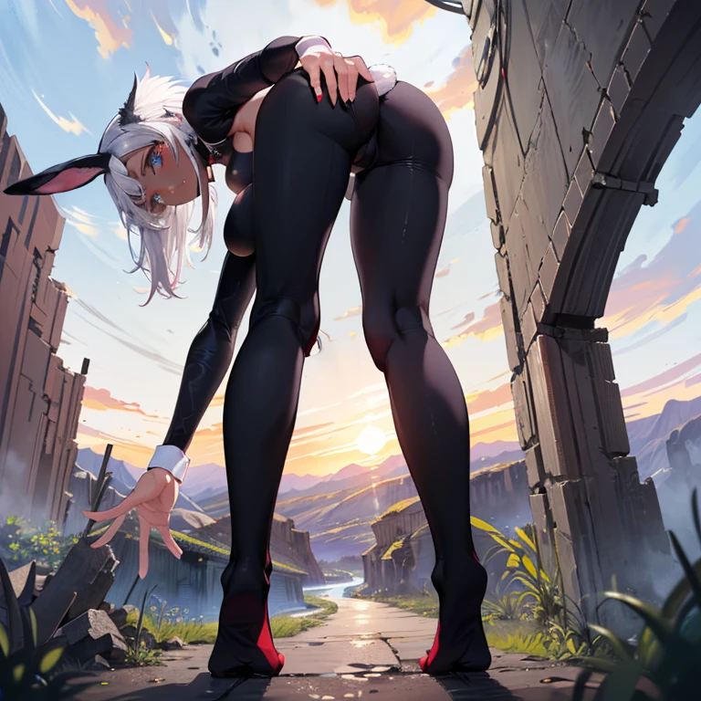 (8k, Realistic, RAW Photos, Highest quality, (from below:2), View your viewers: 1.3), (Fox Girl, Fox Ears, Silver Hair, One Girl, Long Hair, (Alone on the screen, dark skin), High definition:1.6), (Black and red outfit, Reverse Bunny Suit:1.8), (Body measurements are 99-55-77!, Nice body, Big Breasts, slender, muscle, (Right hand on right knee, Left hand on left hip, I can see the valley, bent over):1.9),(美しいface, Delicate drawing, It is written down in detail), Avatar, face, 色っぽいface, Dominant representation, naughty face, Uplifting, Skin Texture, outside, ruins, Ruined City, Broken Building, There are no people