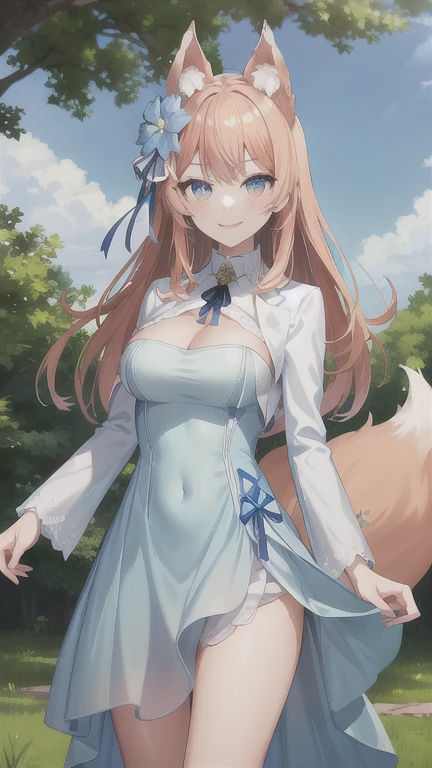 masterpiece, best quality, highres, bbrurufu, animal ears, long hair, orange hair, hair ornament, blue flower, fox tail, blue ribbon, white dress, cleavage, clothing cutout, long sleeves, standing, cowboy shot, outdoors, smile