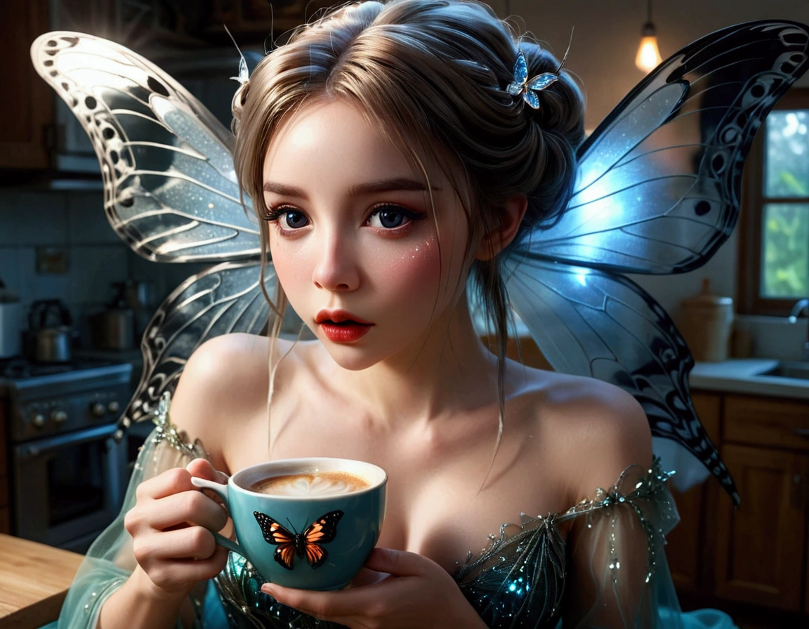 a cute fairy, crystalline butterfly wings, prismatic hair, large eyes, spider silk gown, in the kitchen, taking a sip of coffee from a steaming hot cup, mischief, detailed eyes, detailed lips, extremely detailed face, long eyelashes, photo-realistic, 8k, hyperrealistic, chiaroscuro lighting, vibrant colors, cinematic lighting, mystical, ethereal, fantasy
