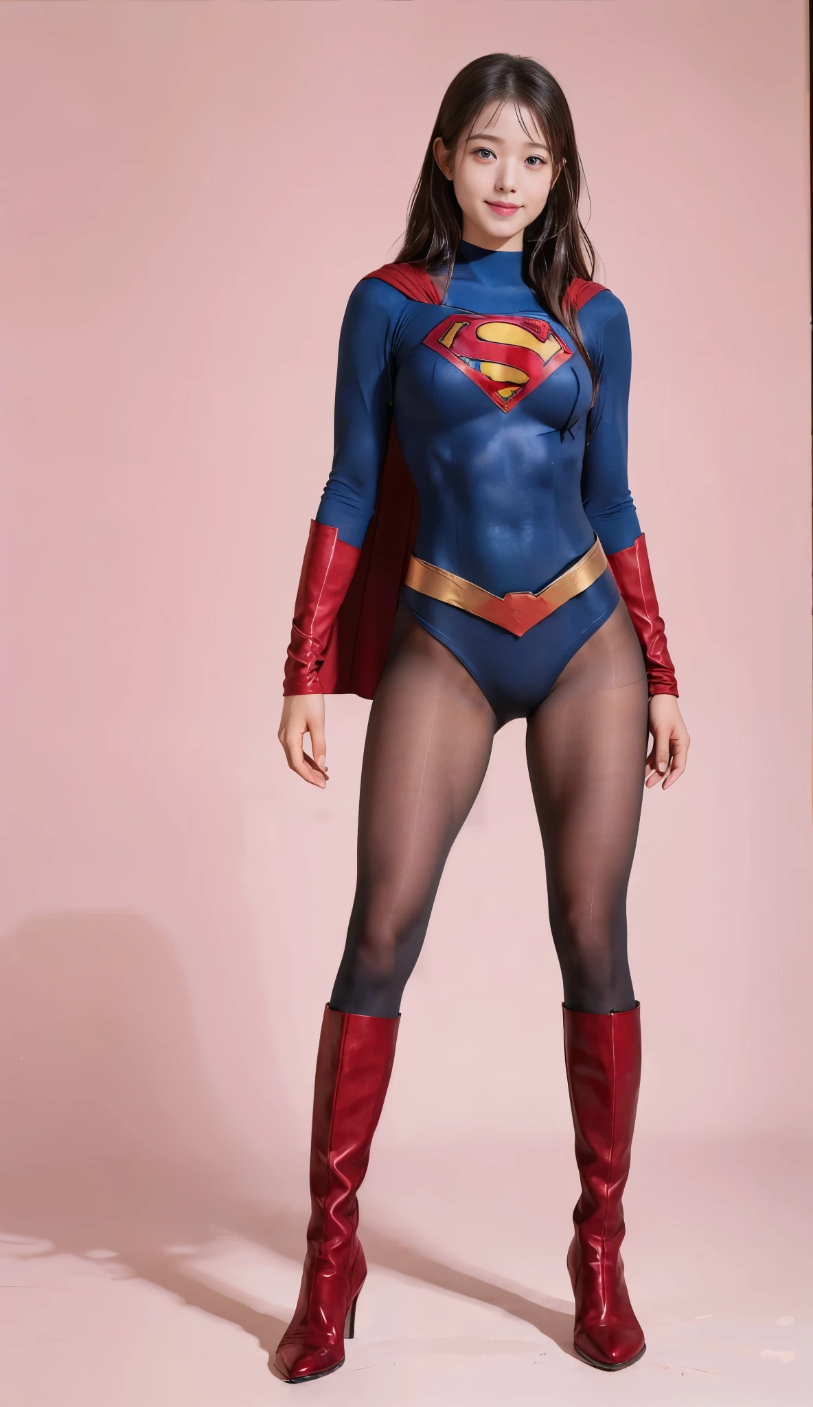 No background、(((Beautiful legs in black tights.)))、(((Legally express the beauty of your smile)))、((((Make the most of your original images)))、(((Supergirl Costume)))、(((Beautiful Hair)))、(((suffering)))、(((Please wear black tights....、Wear red boots)))、((Best image quality、8k))、((Highest quality、8k、masterpiece:1.3))、(((Preserve background )))、Sharp focus:1.2、Beautiful woman with perfect figure:1.4、Slim Abs:1.2、Wet body:1.5、Highly detailed face and skin texture、8k